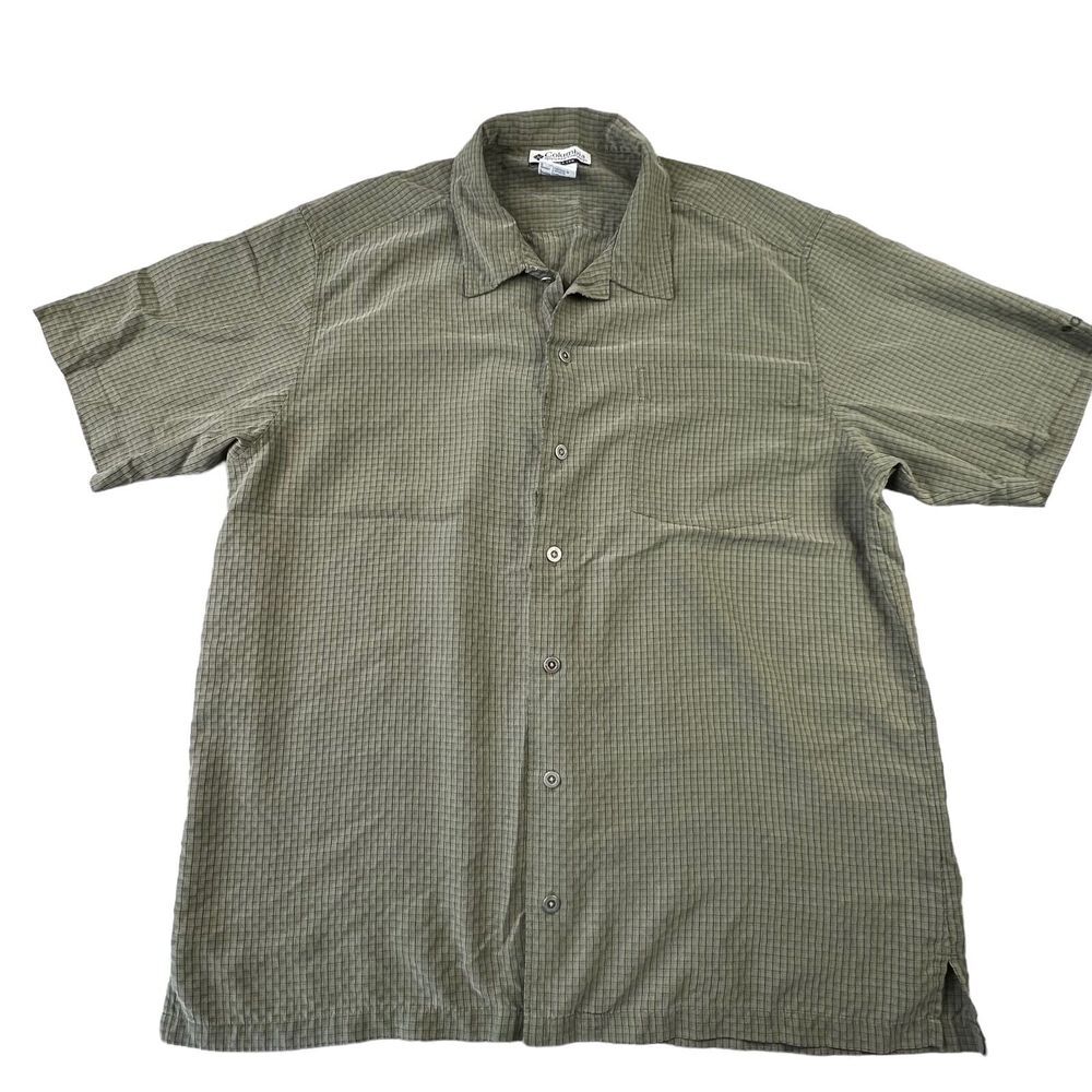 Columbia Sportswear Mens Button Up Shirt Size Large Green Check Short Sleeve‎